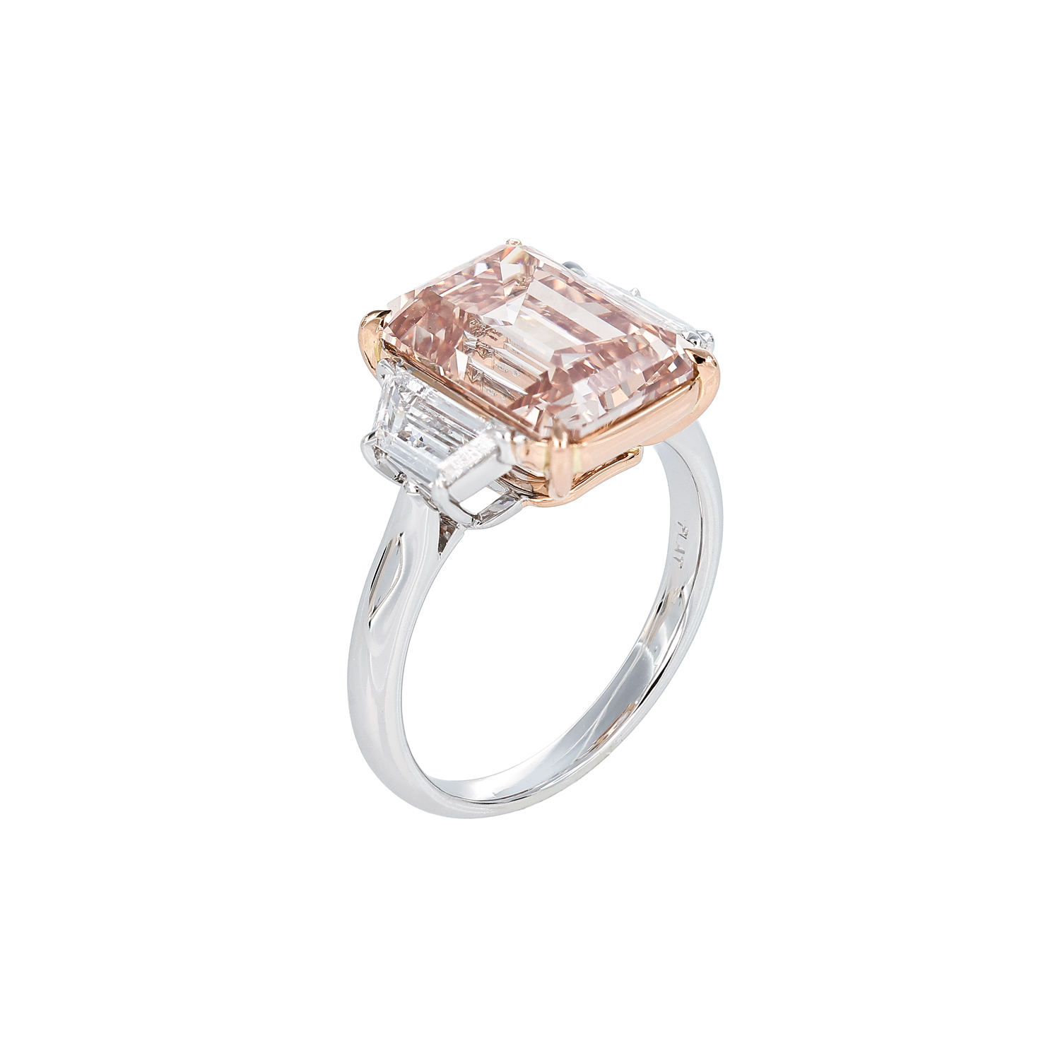 5-Carat Natural Pink Emerald-Cut Diamond Ring, Platinum and 18k Rose Gold