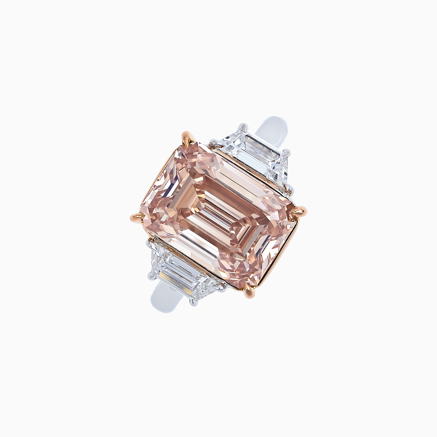 5-Carat Natural Pink Emerald-Cut Diamond Ring, Platinum and 18k Rose Gold