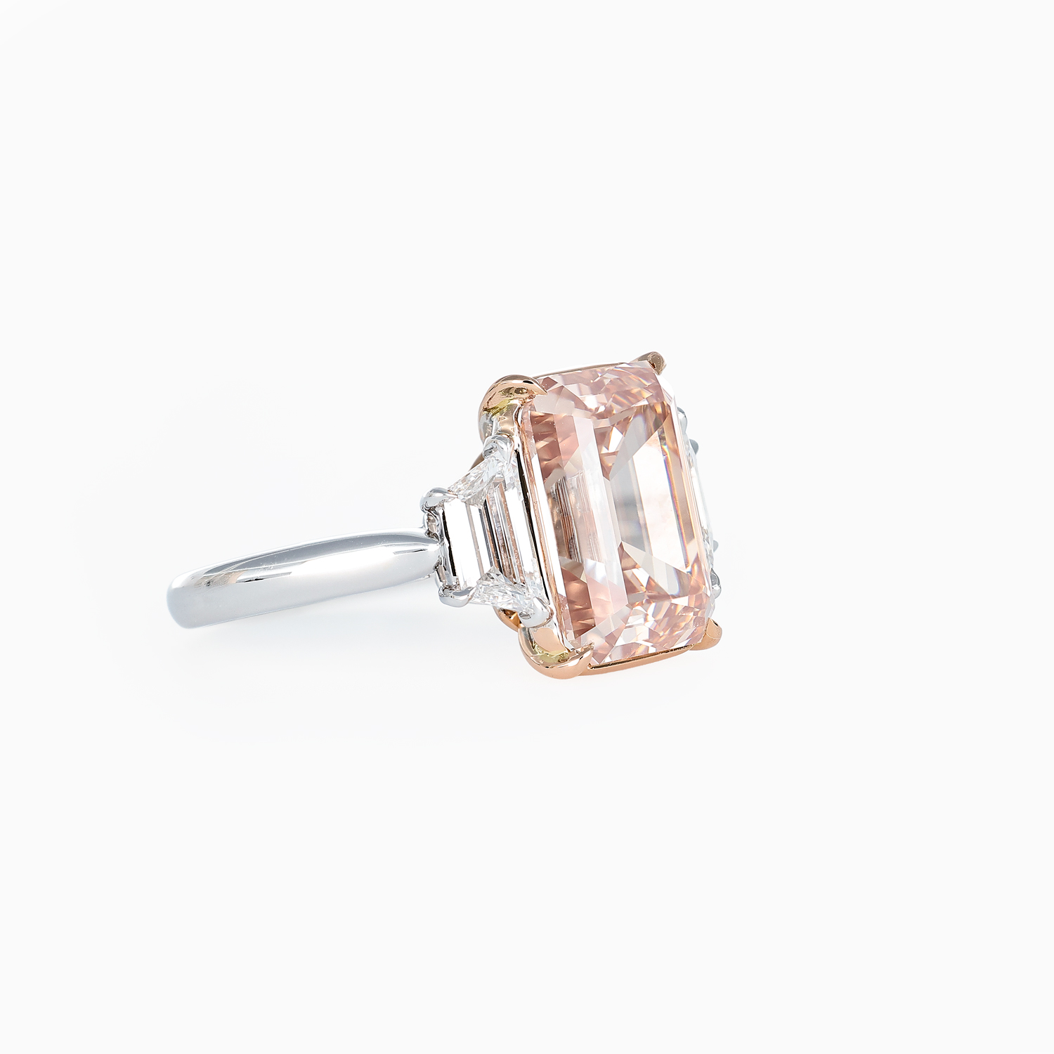 5-Carat Natural Pink Emerald-Cut Diamond Ring, Platinum and 18k Rose Gold