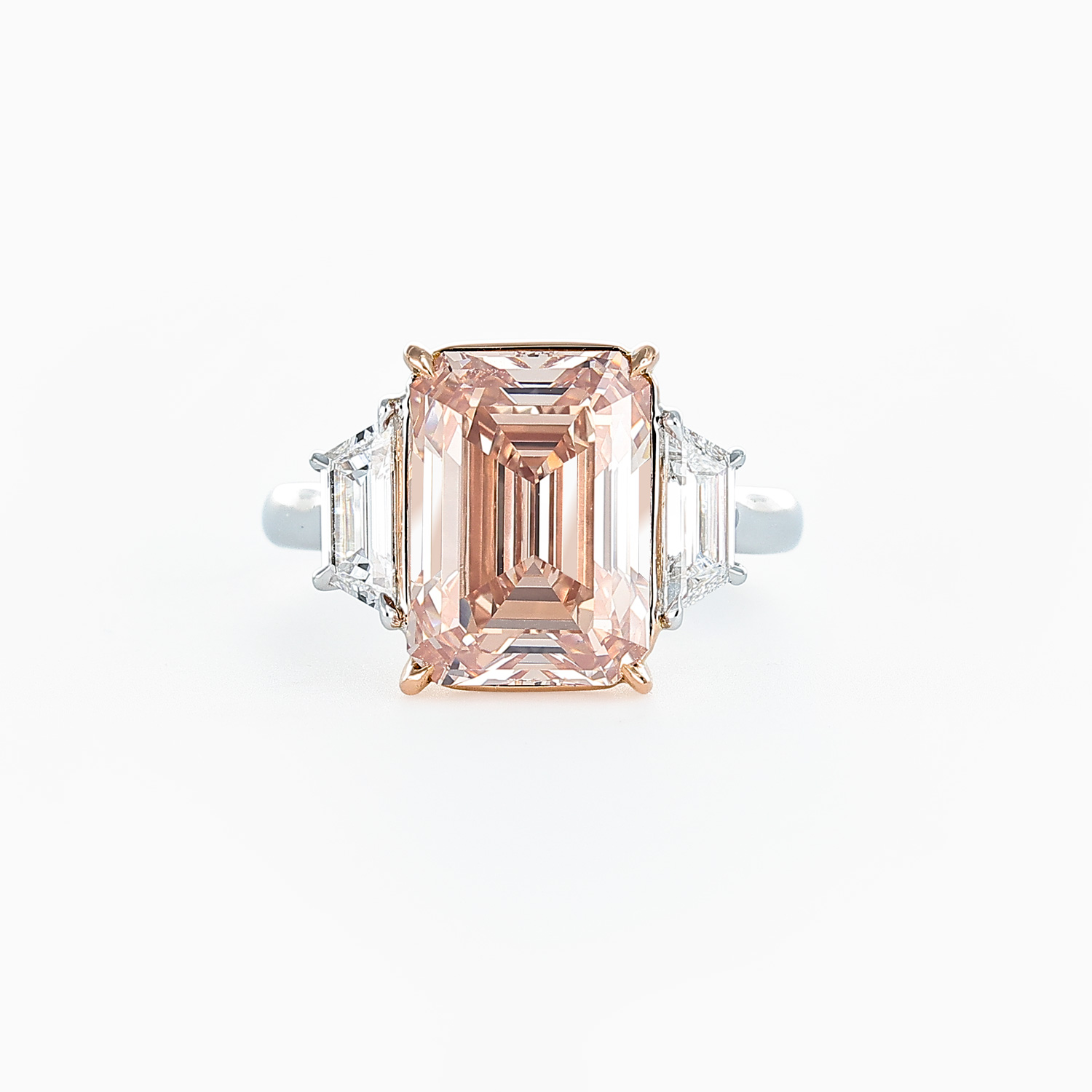 5-Carat Natural Pink Emerald-Cut Diamond Ring, Platinum and 18k Rose Gold