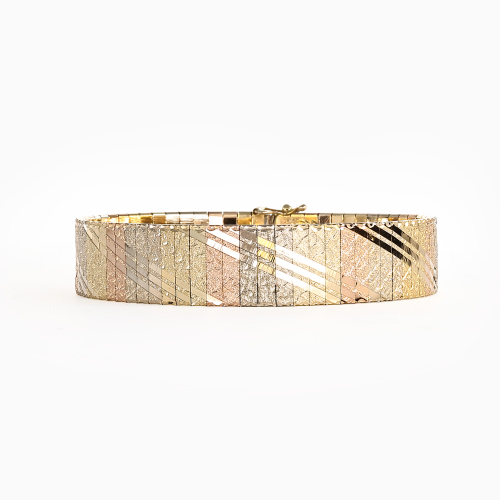 Three-Tone Vintage Italian Bangle Bracelet, 14k Gold