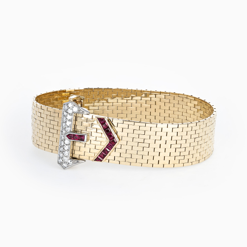 Italian Retro Buckle Bracelet with Diamonds and Rubies, 14k Yellow Gold