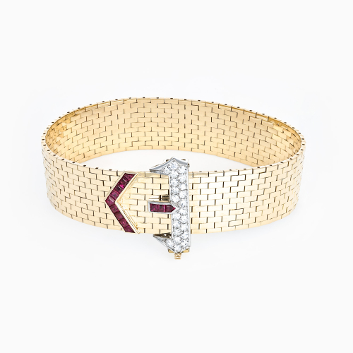 Italian Retro Buckle Bracelet with Diamonds and Rubies, 14k Yellow Gold