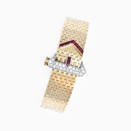 Italian Retro Buckle Bracelet with Diamonds and Rubies, 14k Yellow Gold