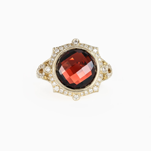 Checkerboard-Cut Natural Garnet and Diamond Ring, 14k Yellow Gold