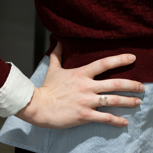 5-Carat Natural Pink Emerald-Cut Diamond Ring, Platinum and 18k Rose Gold