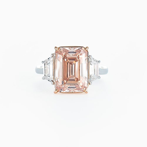 5-Carat Natural Pink Emerald-Cut Diamond Ring, Platinum and 18k Rose Gold