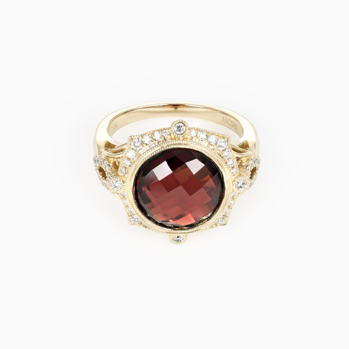 Checkerboard-Cut Natural Garnet and Diamond Ring, 14k Yellow Gold