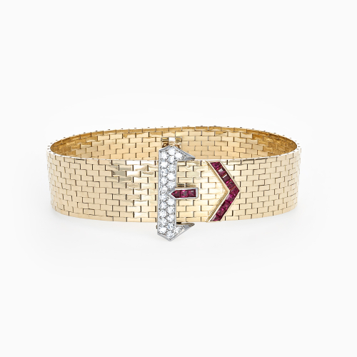 Italian Retro Buckle Bracelet with Diamonds and Rubies, 14k Yellow Gold