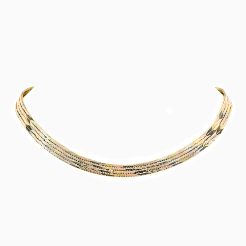 Retro Italian Tri-Color Herringbone Necklace, 14k Gold