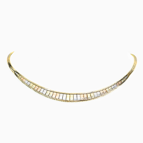 Vintage Italian Tri-Color Panel Collar Necklace, 14k Gold