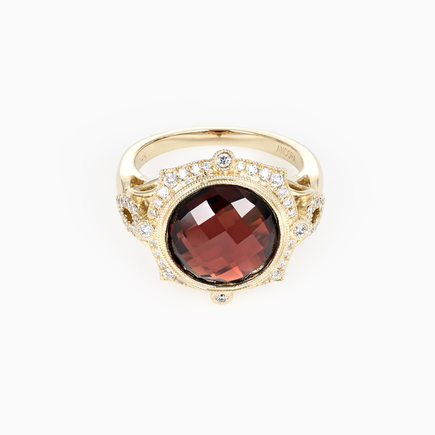 Checkerboard-Cut Natural Garnet and Diamond Ring, 14k Yellow Gold