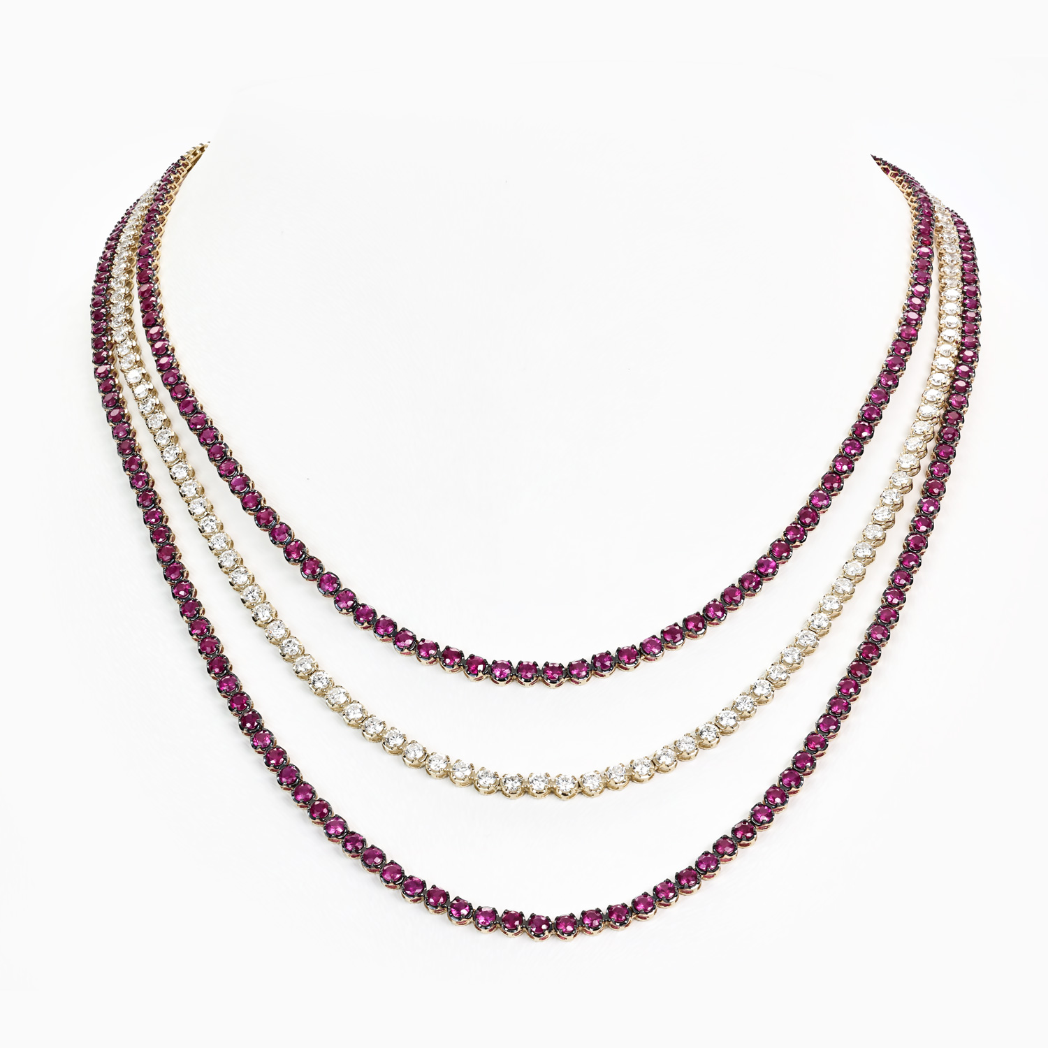 Natural Ruby and Diamond Triple-Strand Necklace, 14k Yellow Gold