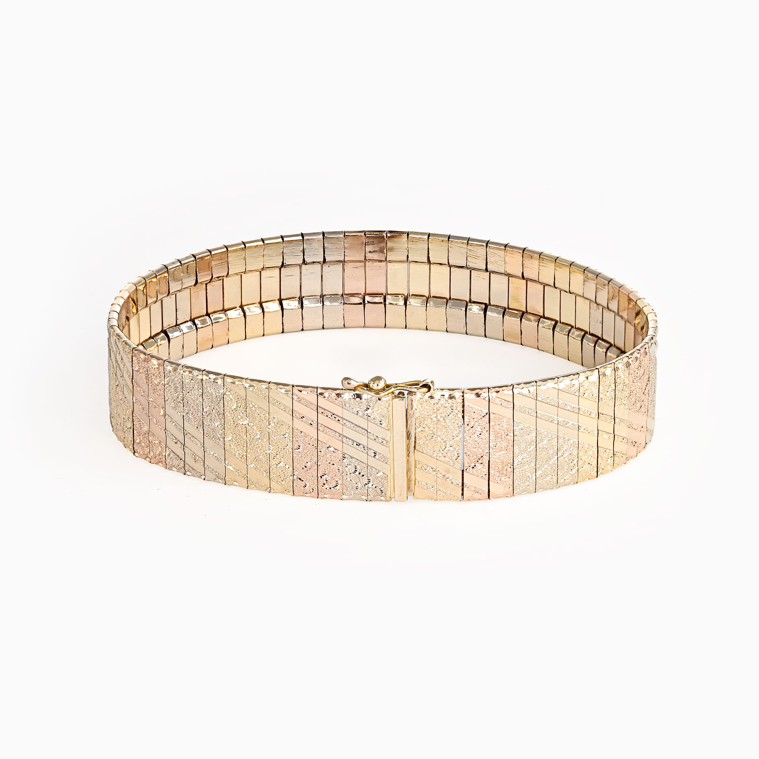 Three-Tone Vintage Italian Bangle Bracelet, 14k Gold