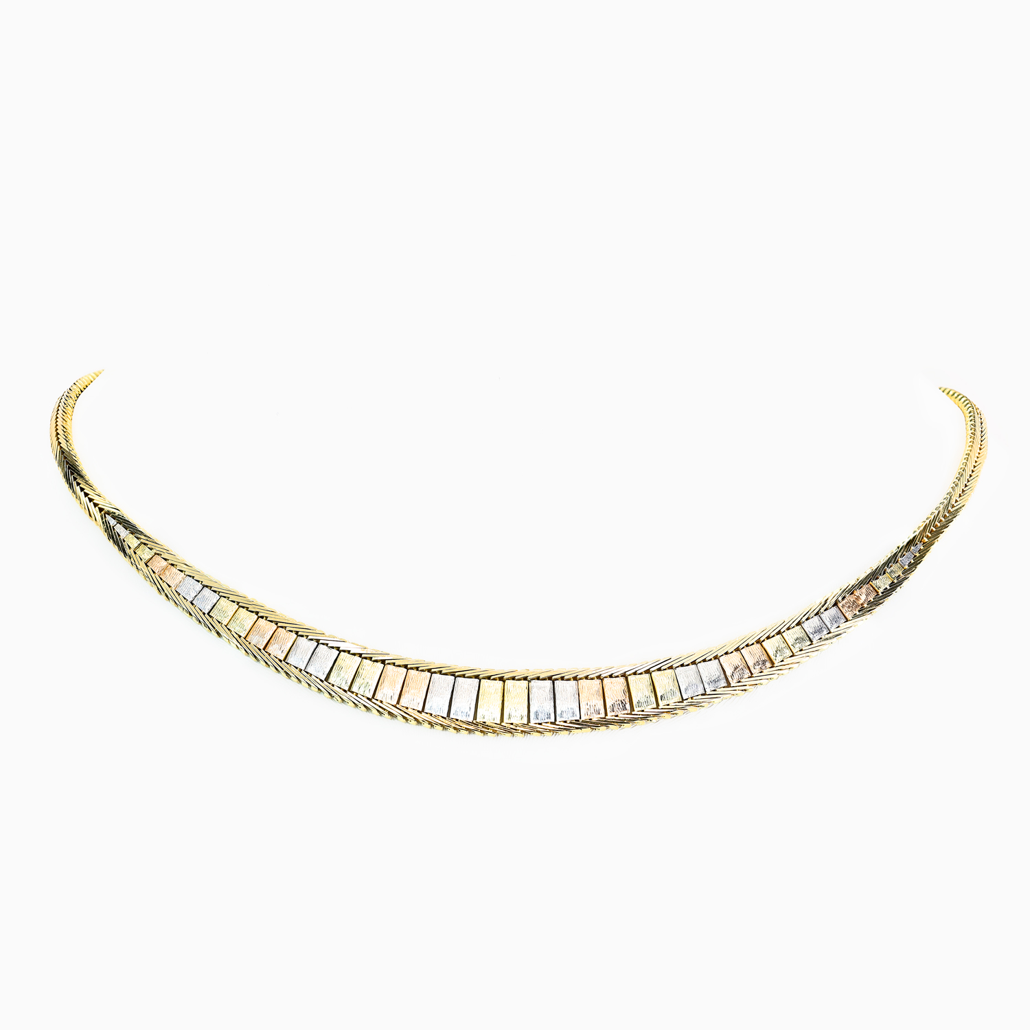 Vintage Italian Tri-Color Panel Collar Necklace, 14k Gold