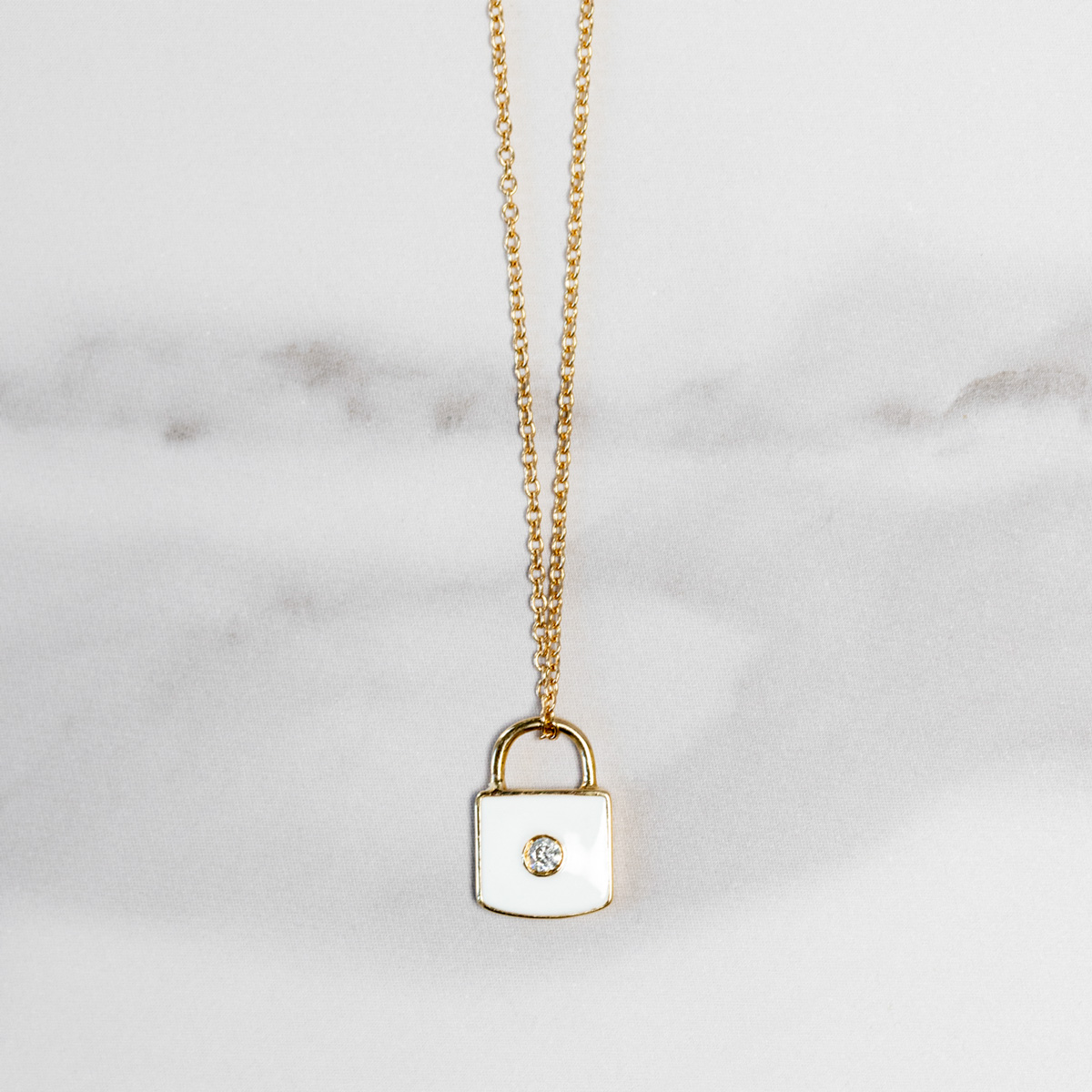 14k Gold Lock Pendant with Natural Diamond and Enamel Accents