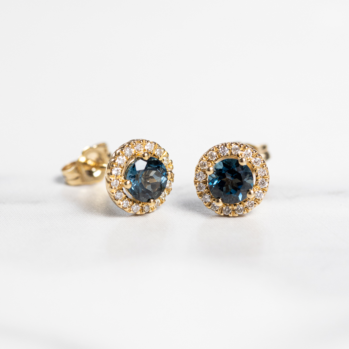 London Blue Topaz and Diamond Halo Stud Earrings, 14k Yellow Gold