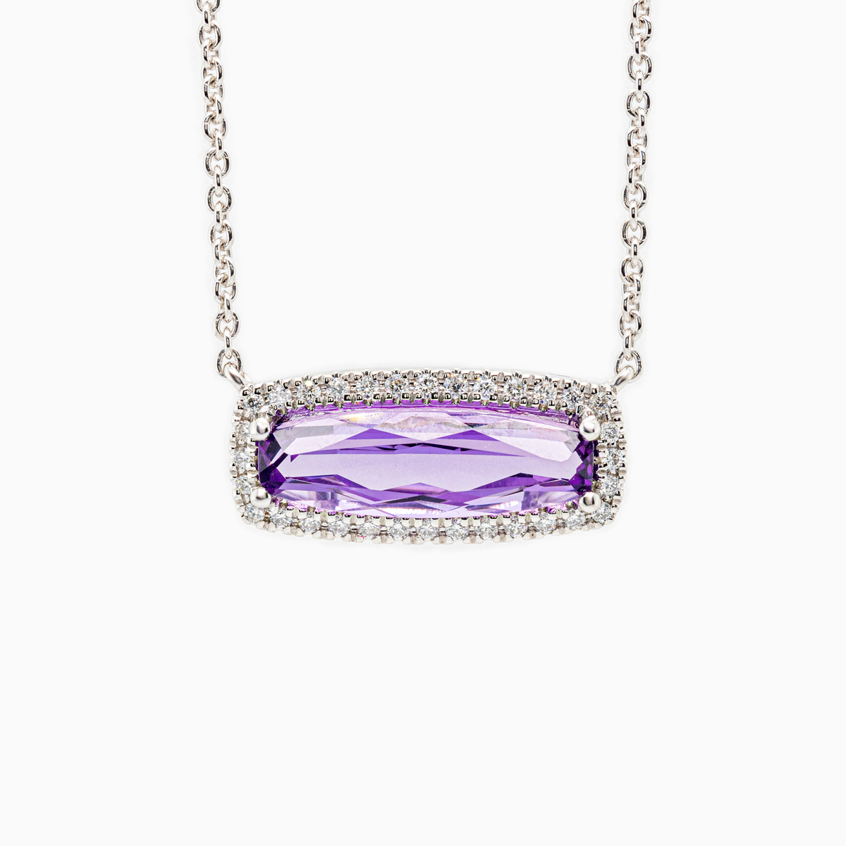 Natural Amethyst & Diamond Halo Necklace, 14K White Gold