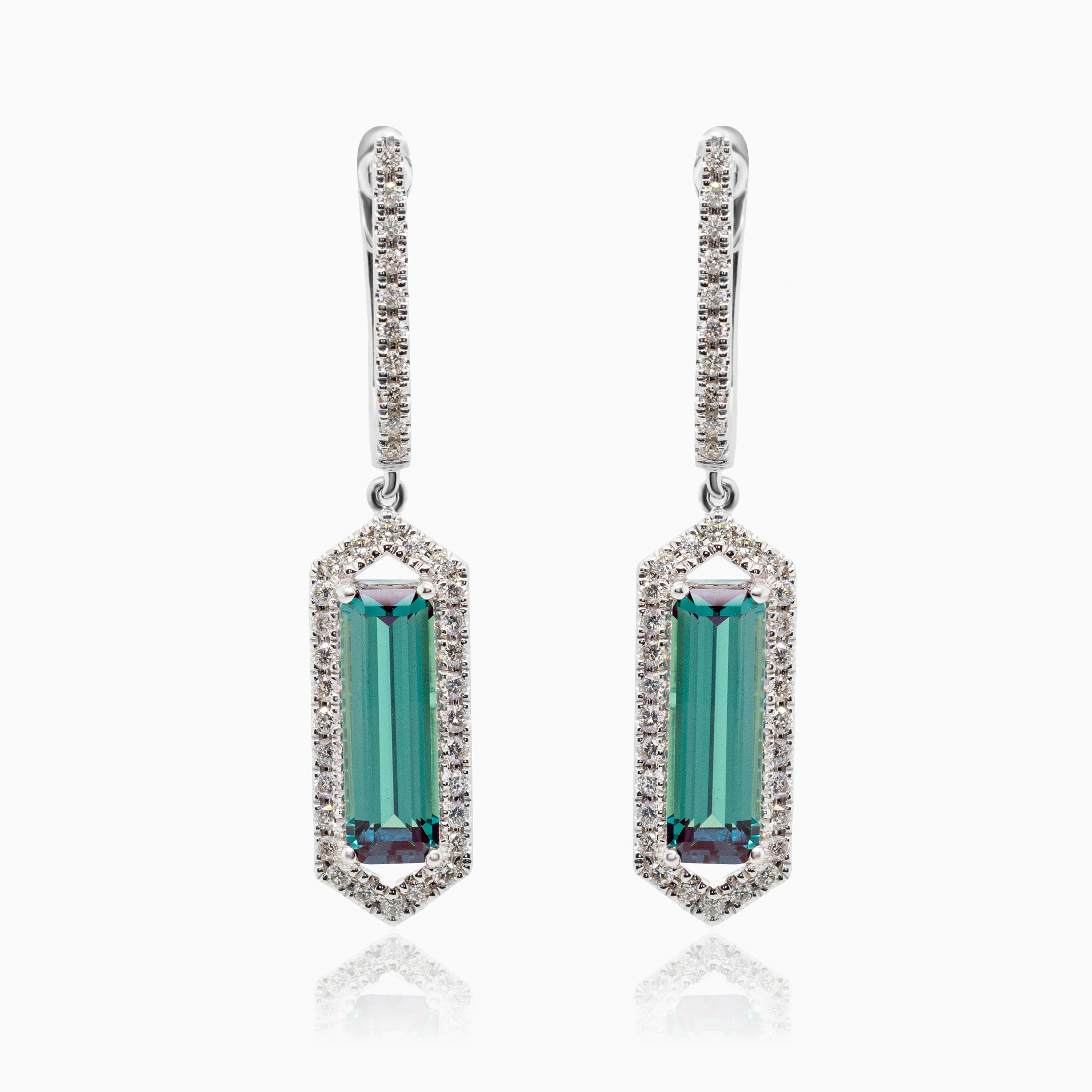 Art Deco-Inspired Natural Diamond & Created Alexandrite Earrings, 14k White Gold