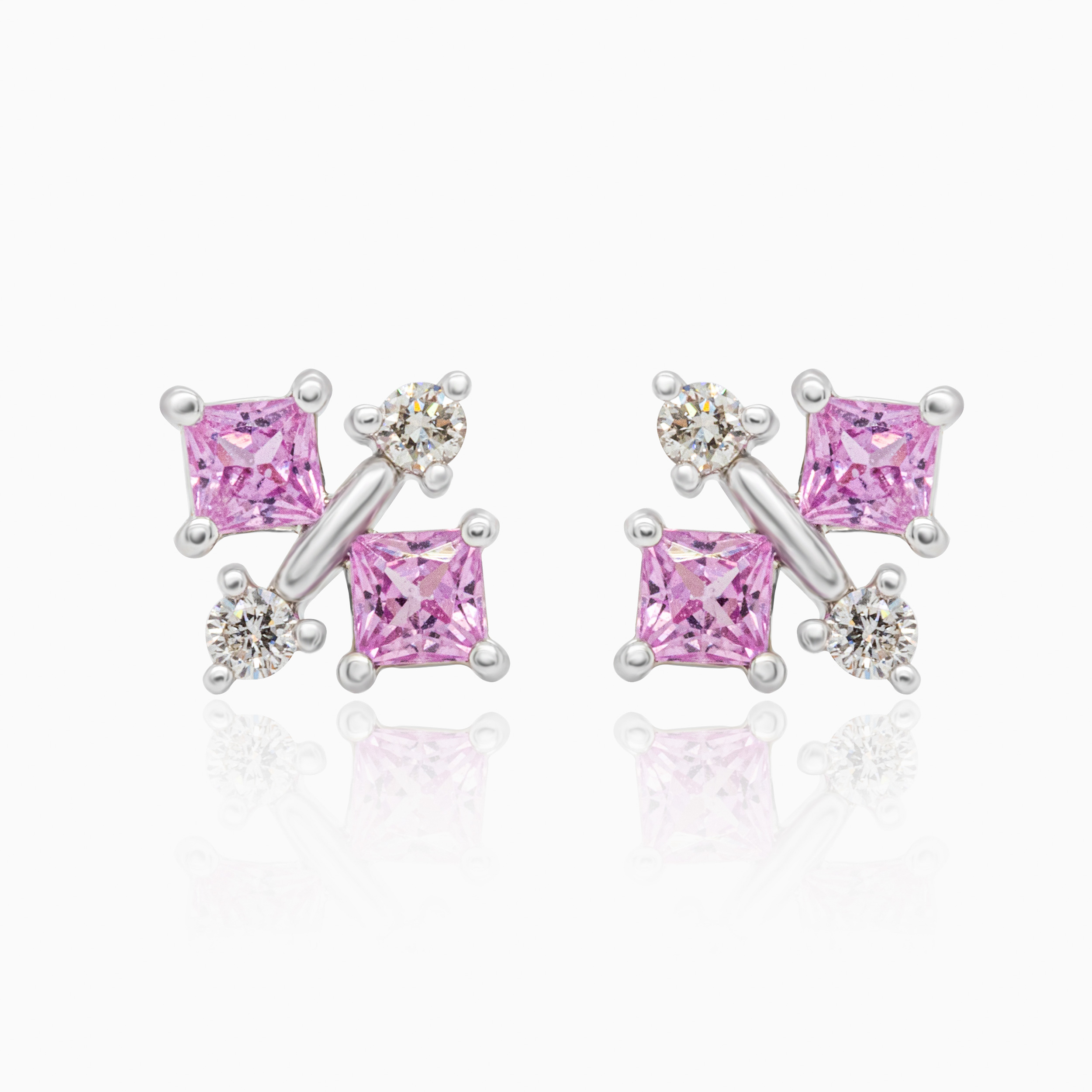 Natural Diamond & Pink Sapphire Asymmetric Stud Earrings, 14k White Gold