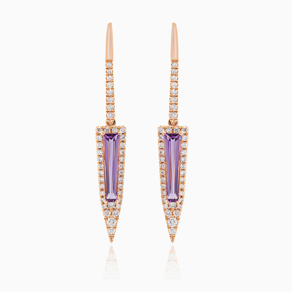 Art Deco Natural Diamond & Amethyst Dangle Earrings, 14k Rose Gold