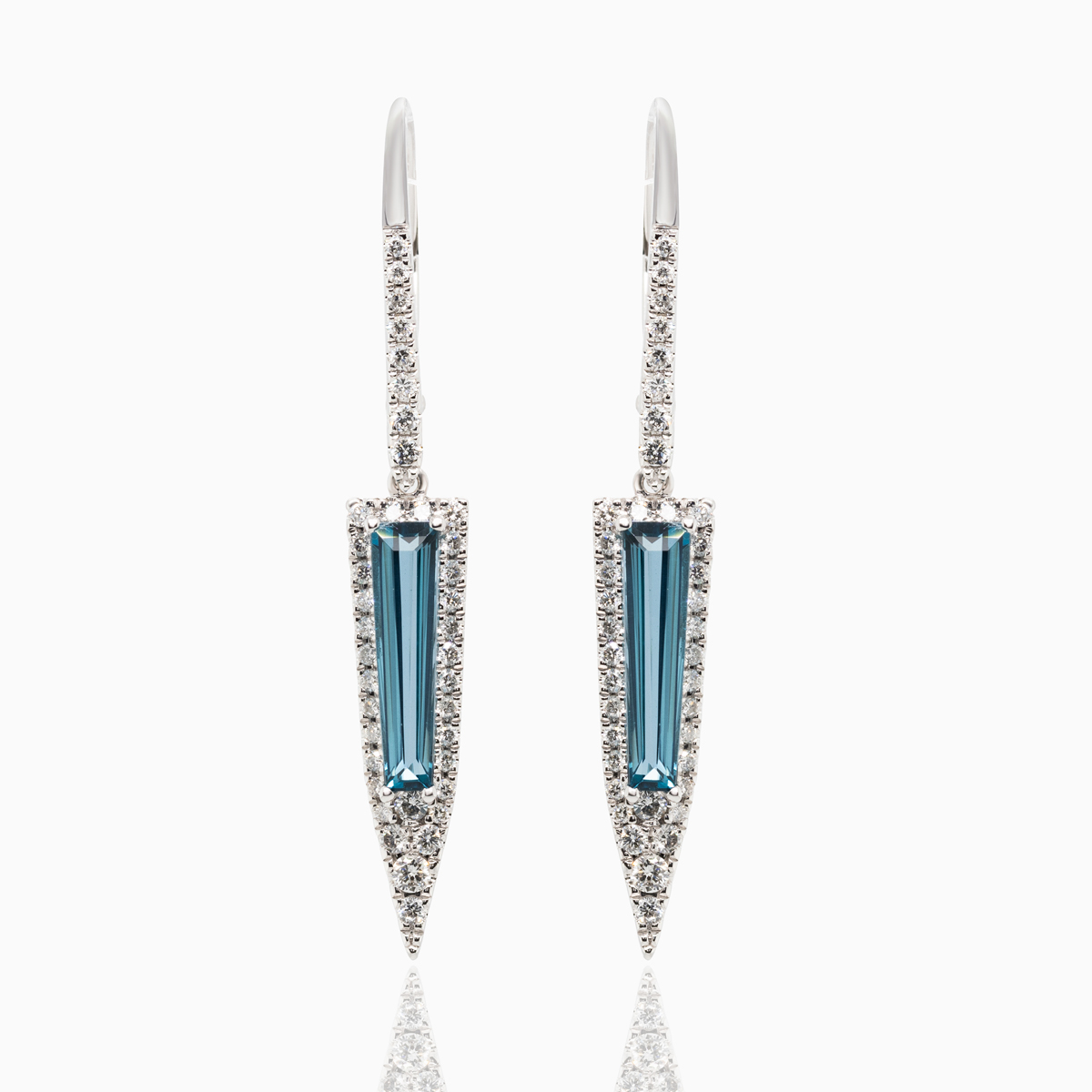 Art Deco Natural Diamond & London Blue Topaz Dangle Earrings, 14k Rose Gold