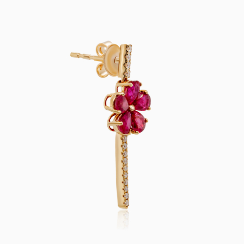 Natural Ruby and Diamond Floral Drop Earrings, 14k Yellow Gold