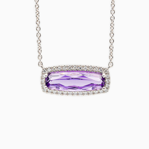 Natural Amethyst & Diamond Halo Necklace, 14K White Gold
