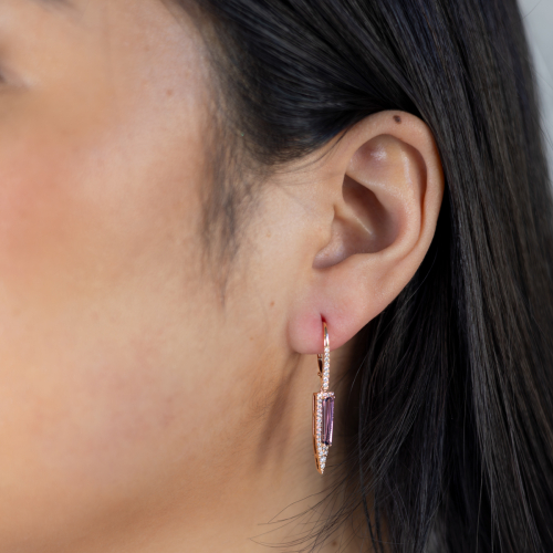 Art Deco Natural Diamond & Amethyst Dangle Earrings, 14k Rose Gold