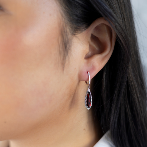 Natural Garnet & Diamond Earrings, 14k White Gold