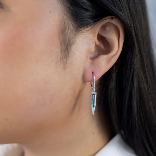 Art Deco Natural Diamond & London Blue Topaz Dangle Earrings, 14k Rose Gold