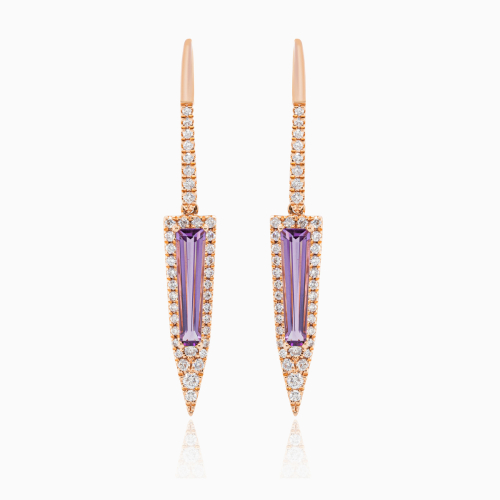 Art Deco Natural Diamond & Amethyst Dangle Earrings, 14k Rose Gold