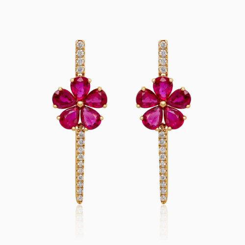 Natural Ruby and Diamond Floral Drop Earrings, 14k Yellow Gold