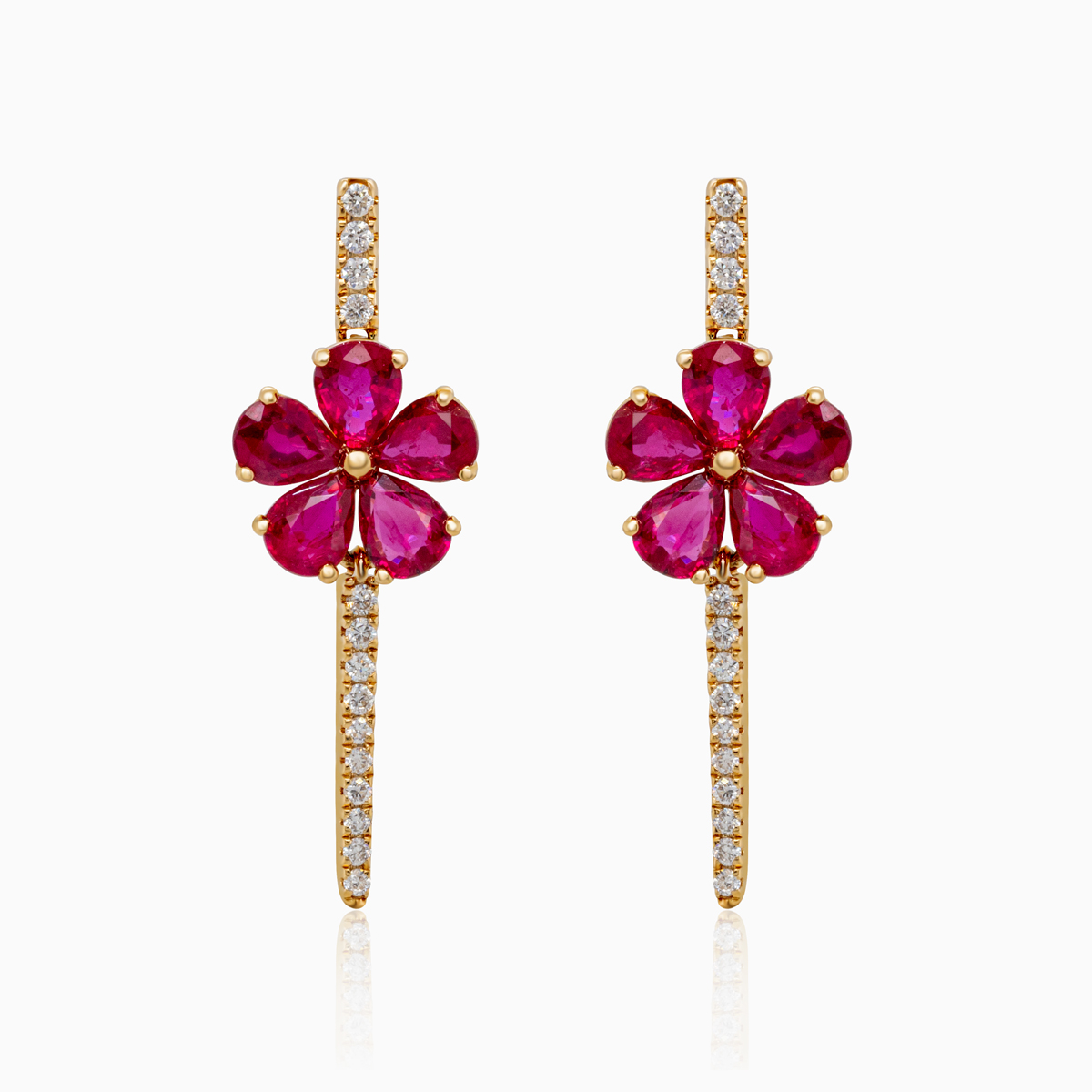 Natural Ruby and Diamond Floral Drop Earrings, 14k Yellow Gold