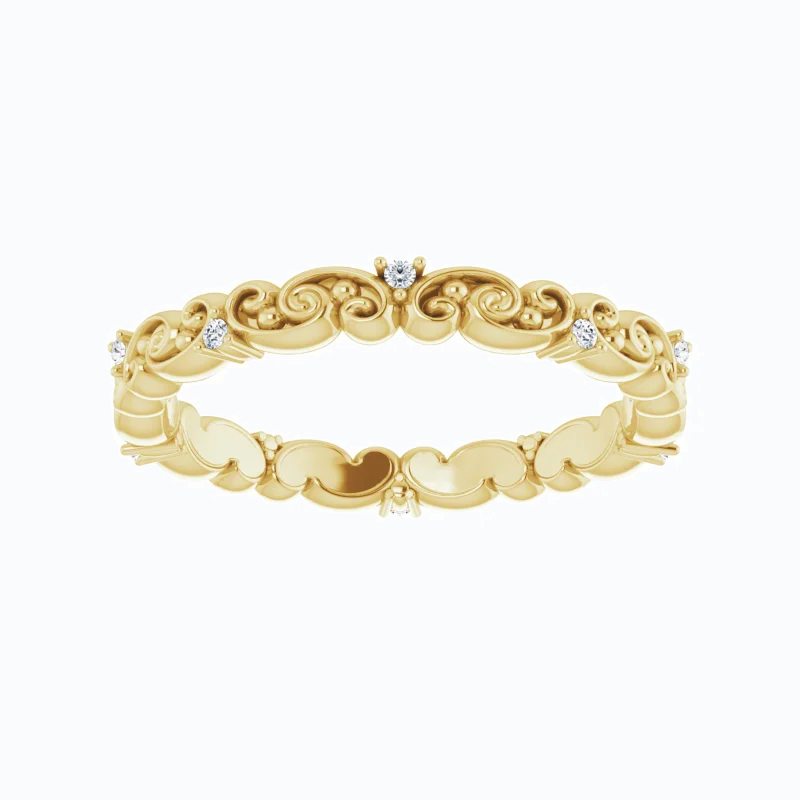 Dimond Accented Eternity Scroll Motif Band, 14k Gold