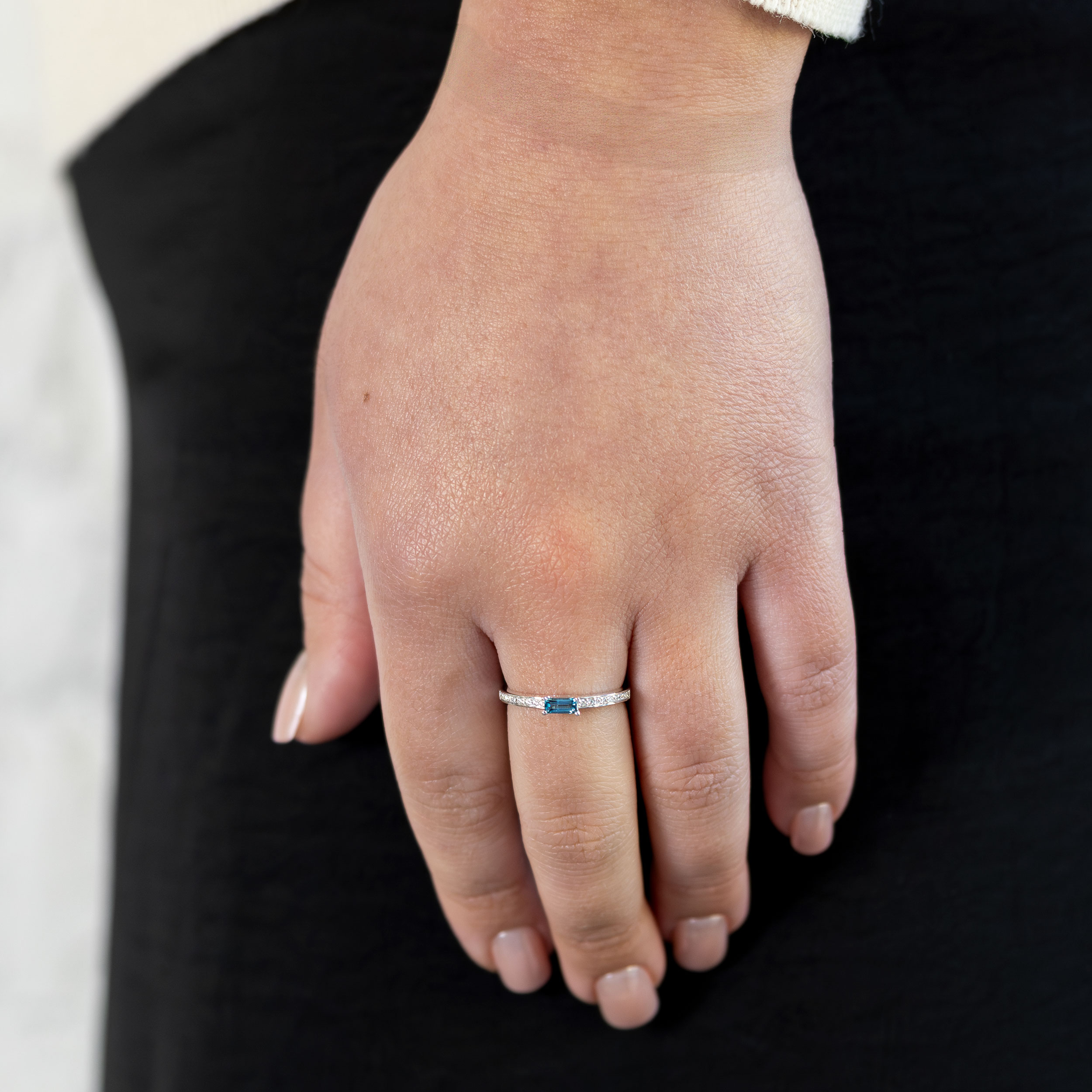 Natural London Blue Topaz with Diamond Accent Stackable Ring, 14k White Gold