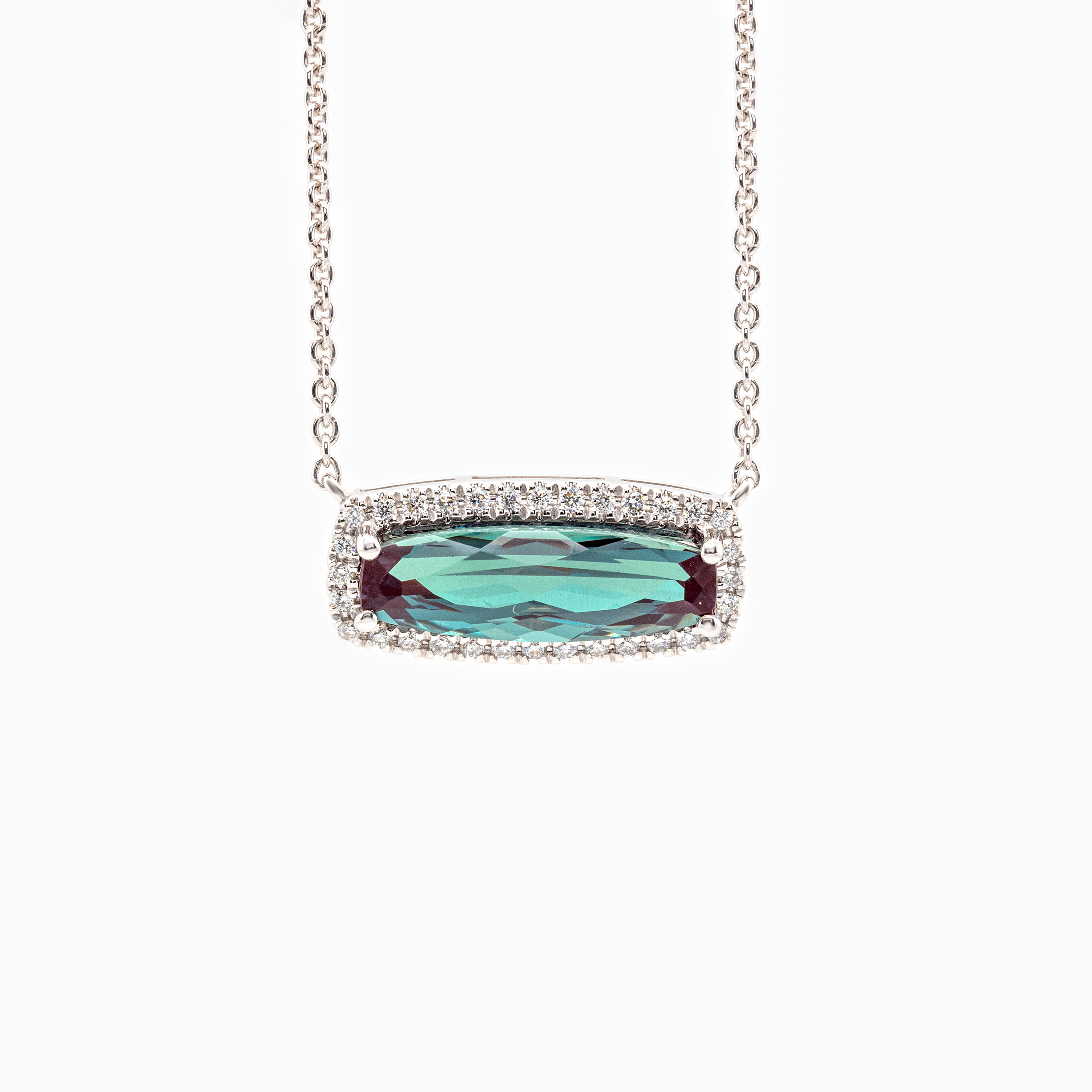 Created Alexandrite & Natural Diamond Halo Necklace, 14k White Gold
