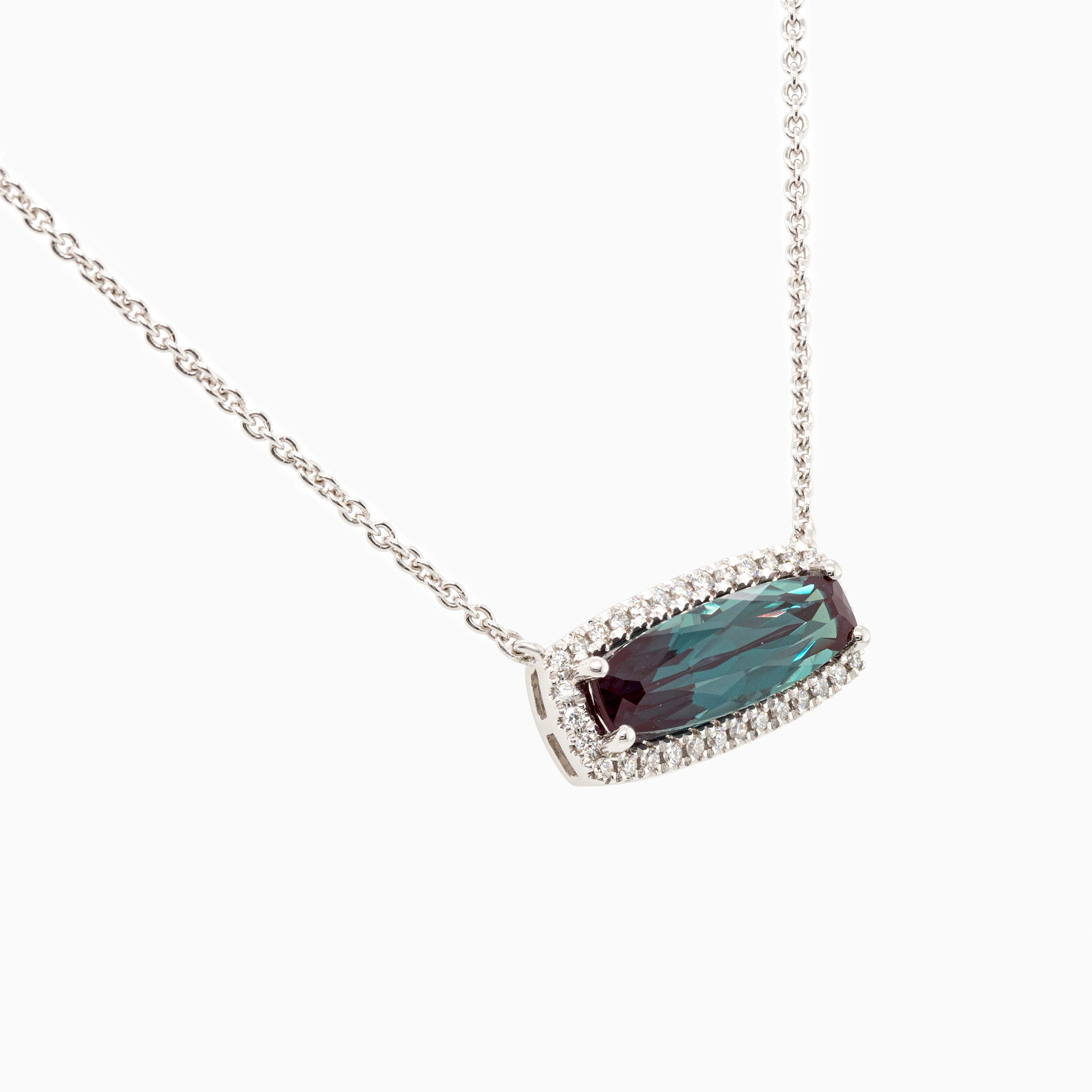 Created Alexandrite & Natural Diamond Halo Necklace, 14k White Gold