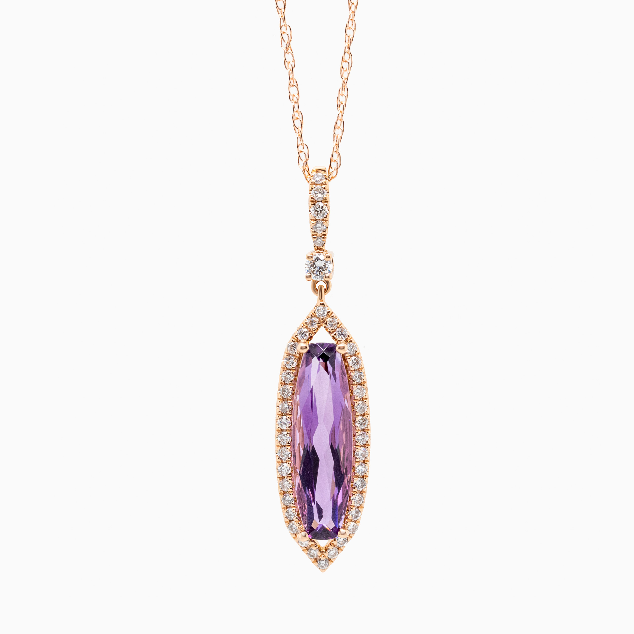 Natural Diamond and Amethyst Pendant with Rope Chain, 14k Rose Gold