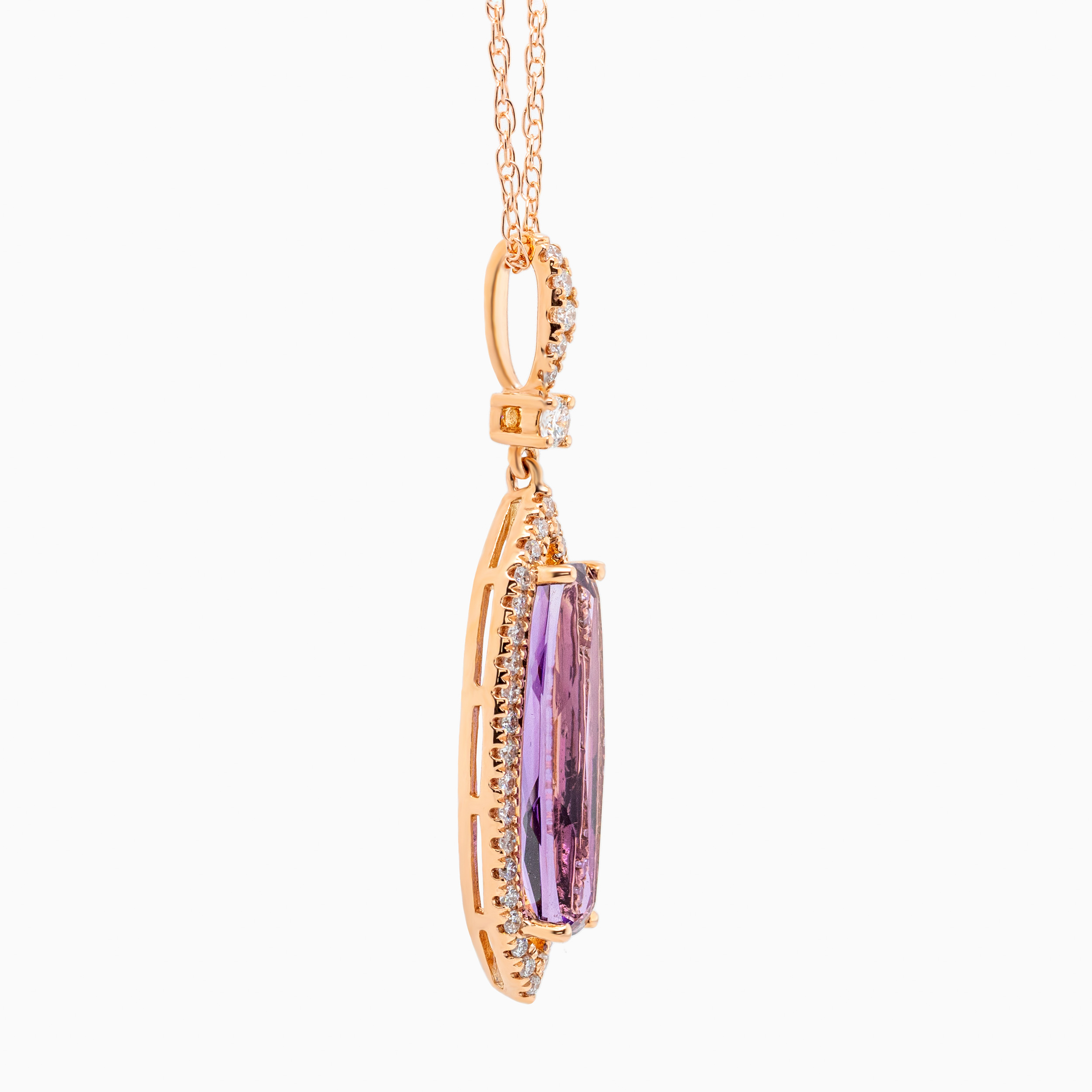 Natural Diamond and Amethyst Pendant with Rope Chain, 14k Rose Gold