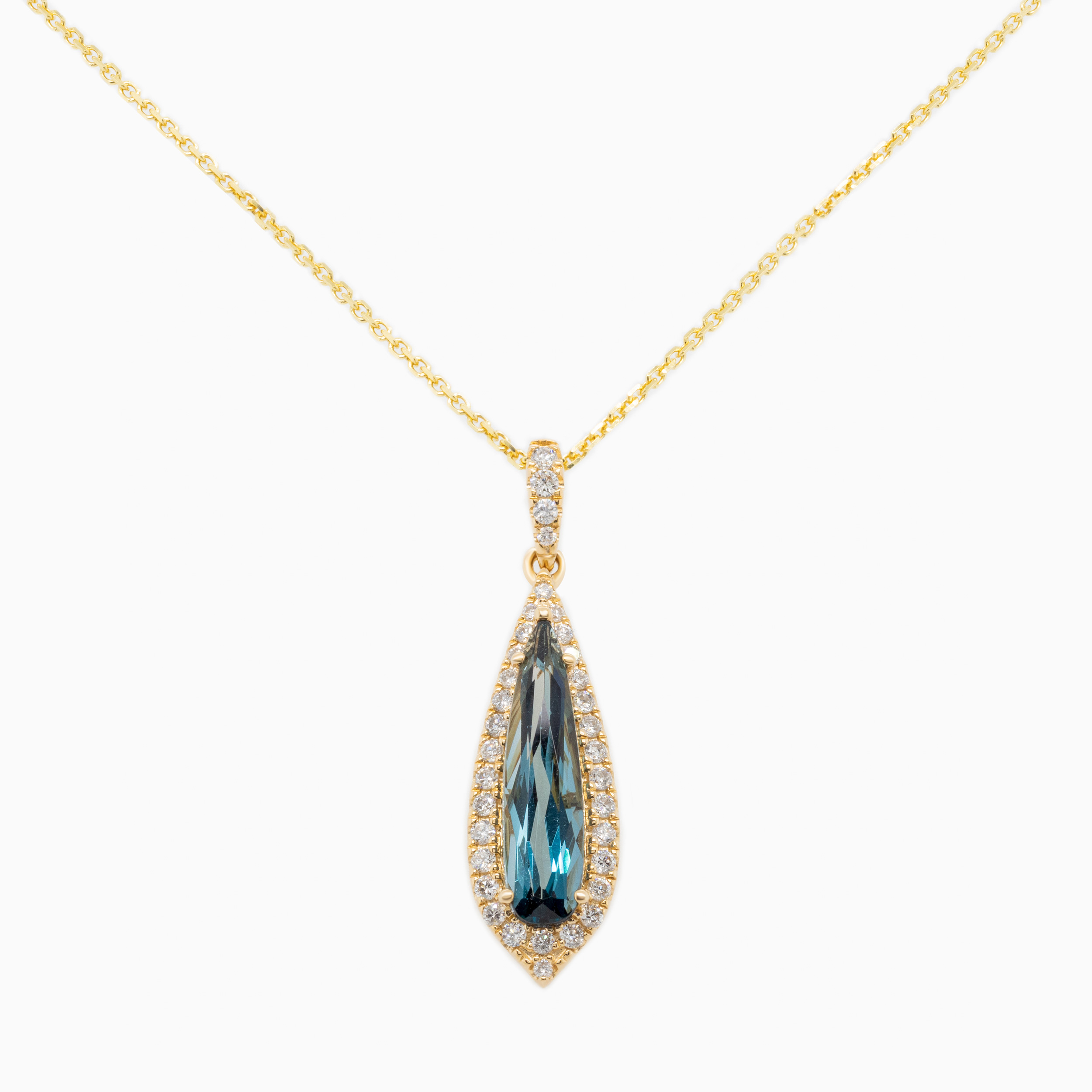 Natural Diamond and London Blue Topaz Drop Pendant with Chain, 14k Yellow Gold