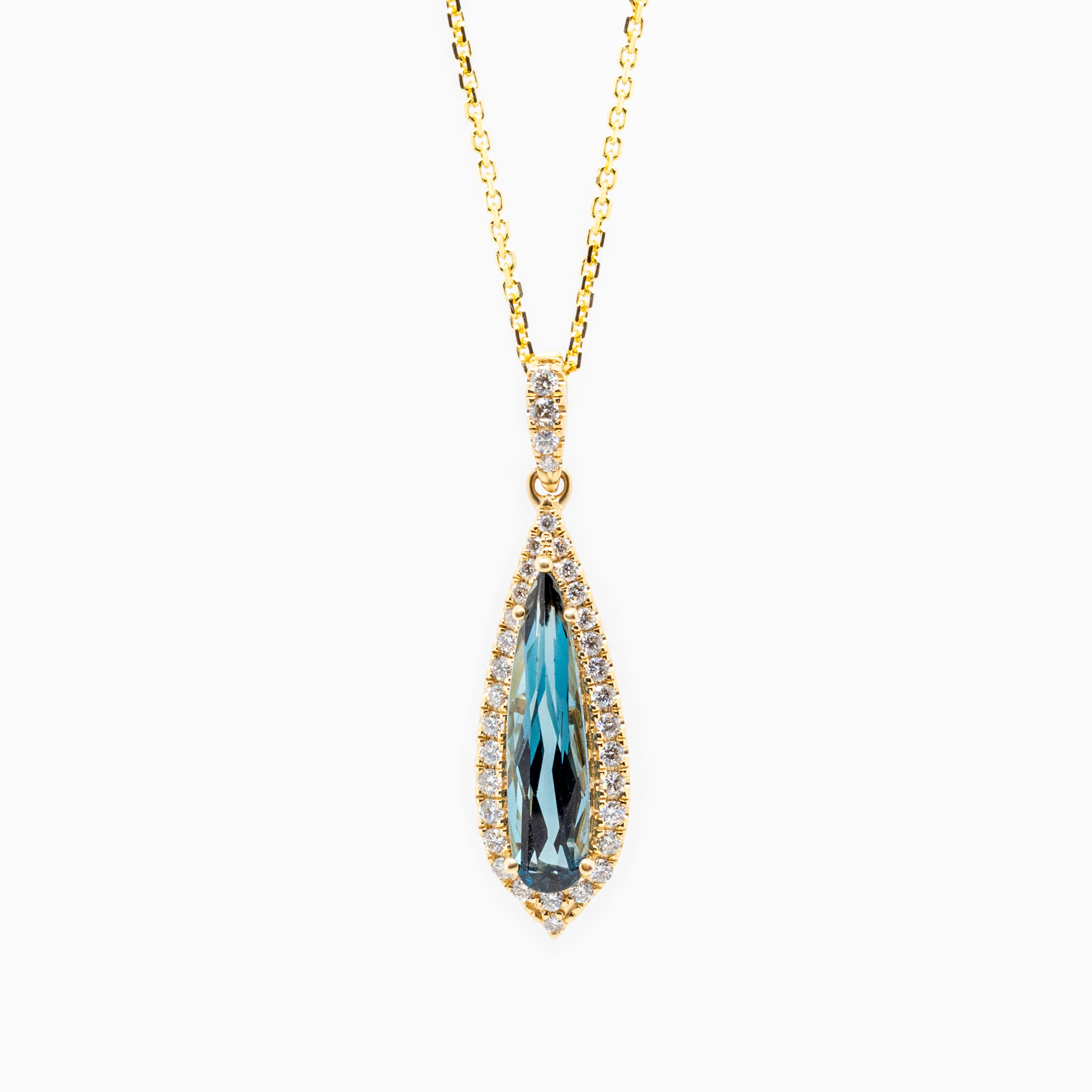 Natural Diamond and London Blue Topaz Drop Pendant with Chain, 14k Yellow Gold