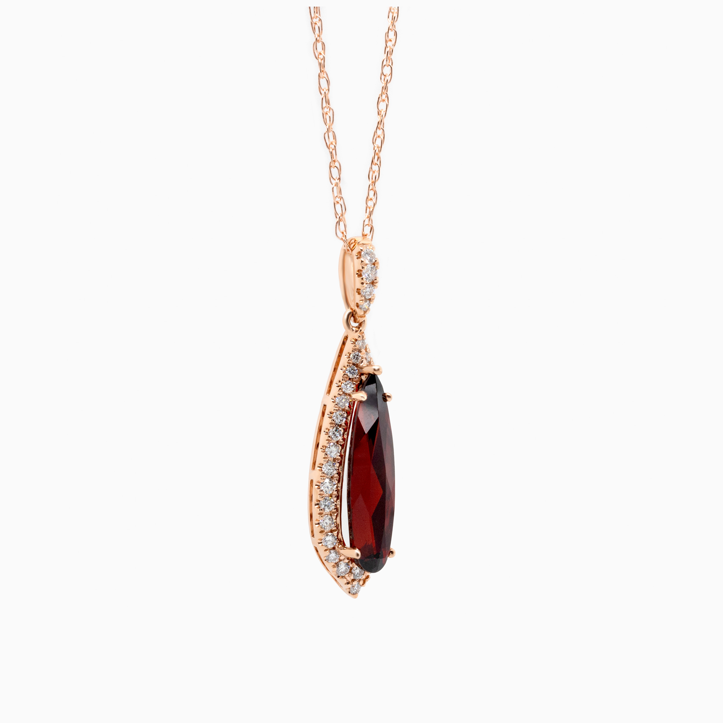 Natural Diamond and Garnet Drop Pendant with Rope Chain, 14k Rose Gold