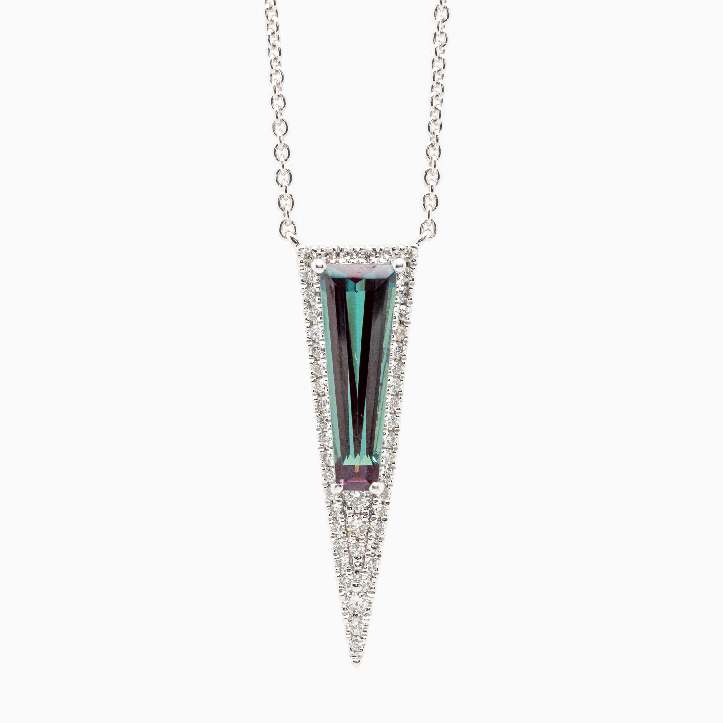 Natural Diamond and Created Alexandrite Art Deco Necklace, 14k White Gold
