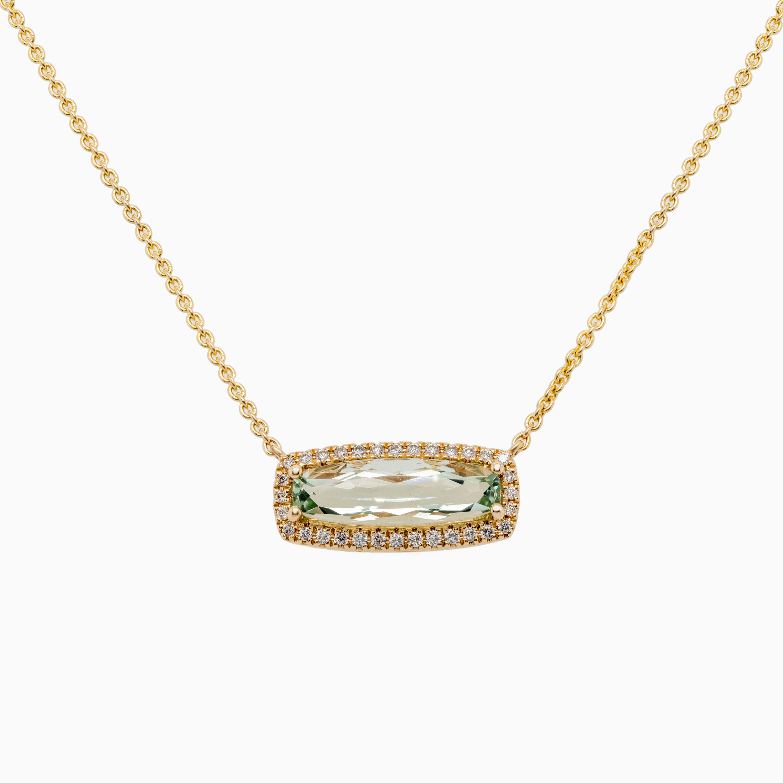 Natural Green Amethyst & Natural Diamond Halo Necklace, 14k Yellow Gold