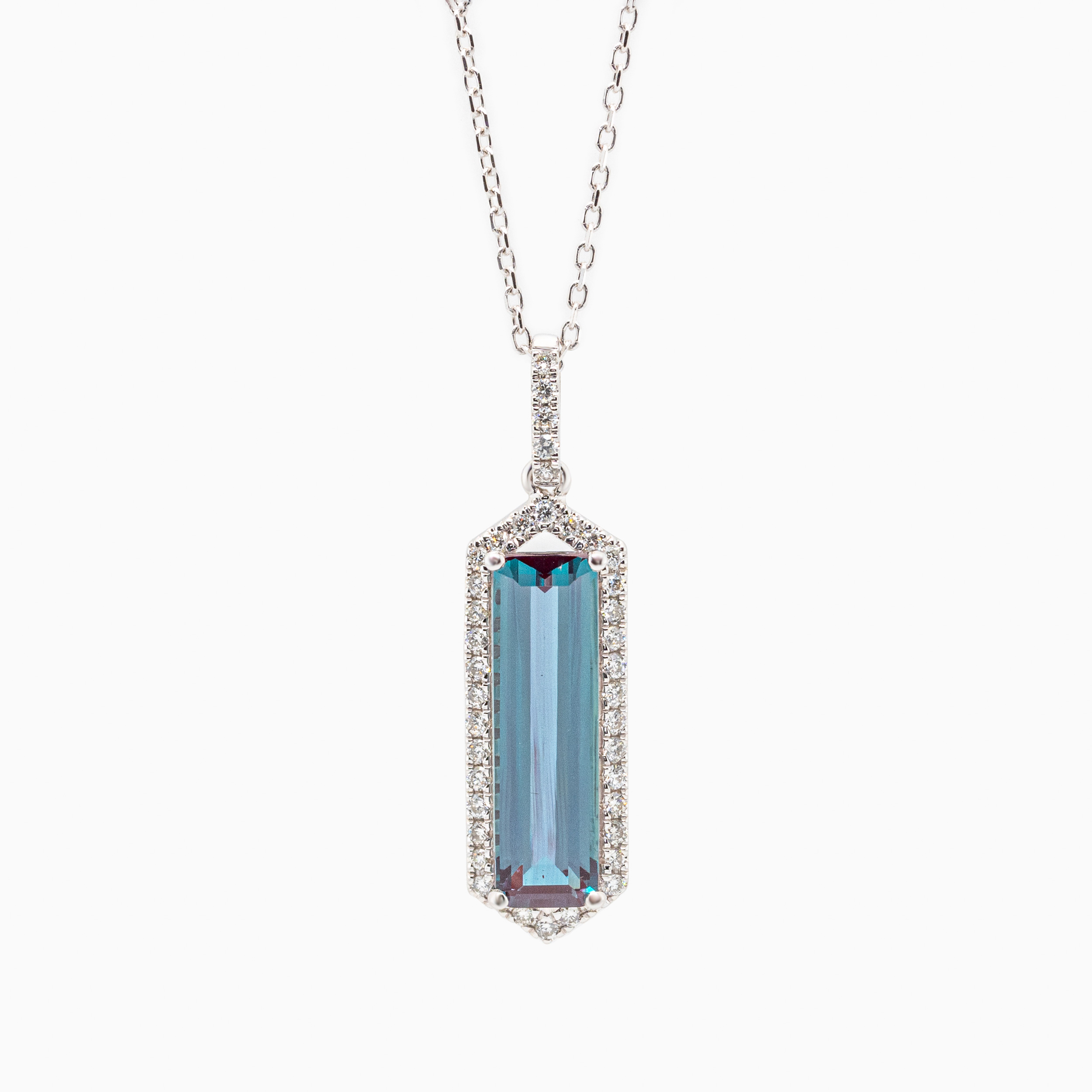Art Deco Created Alexandrite and Natural Diamond Pendant, 14k White Gold