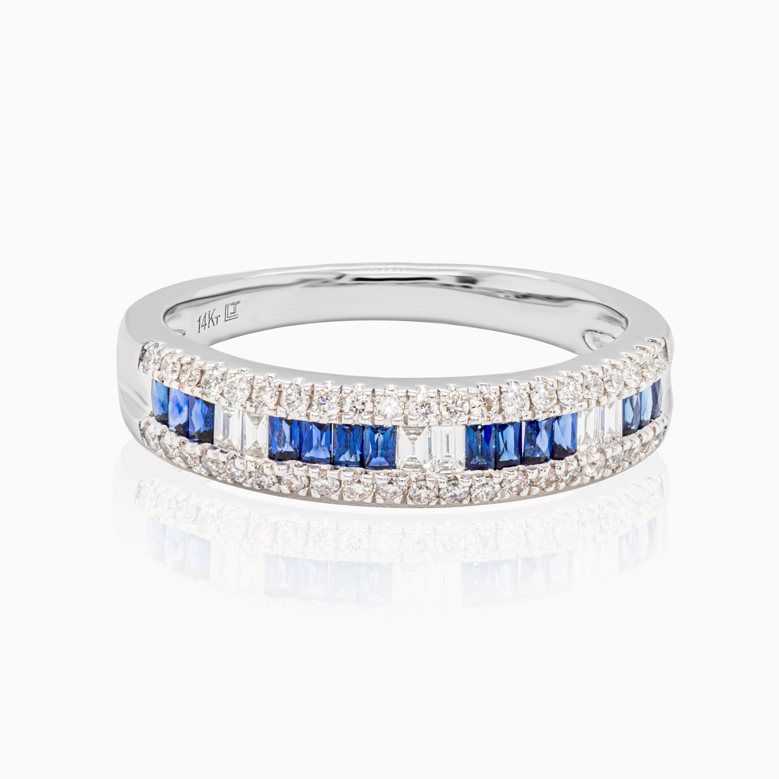 Channel Set Natural Diamond & Blue Sapphire Band, 14k White Gold