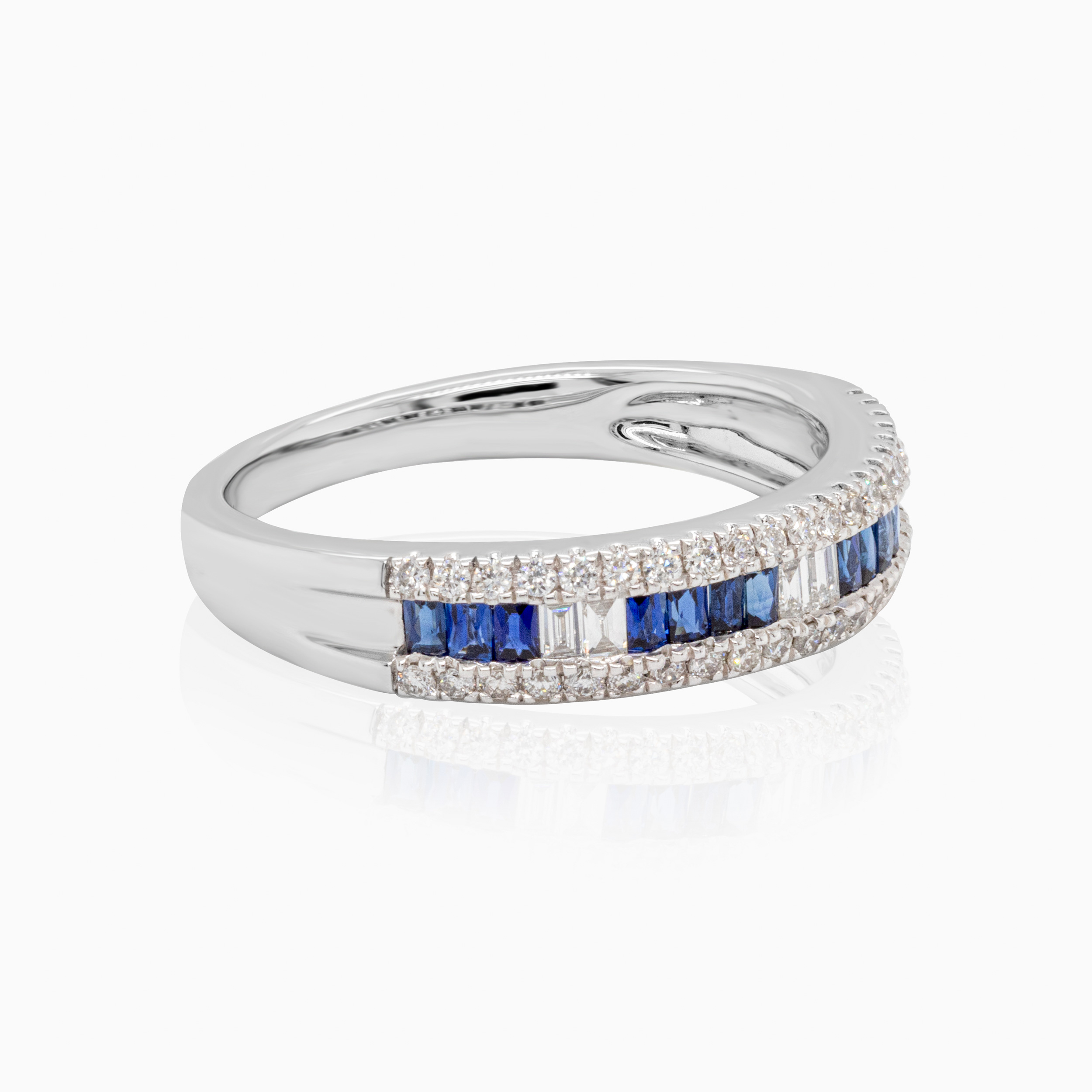 Channel Set Natural Diamond & Blue Sapphire Band, 14k White Gold