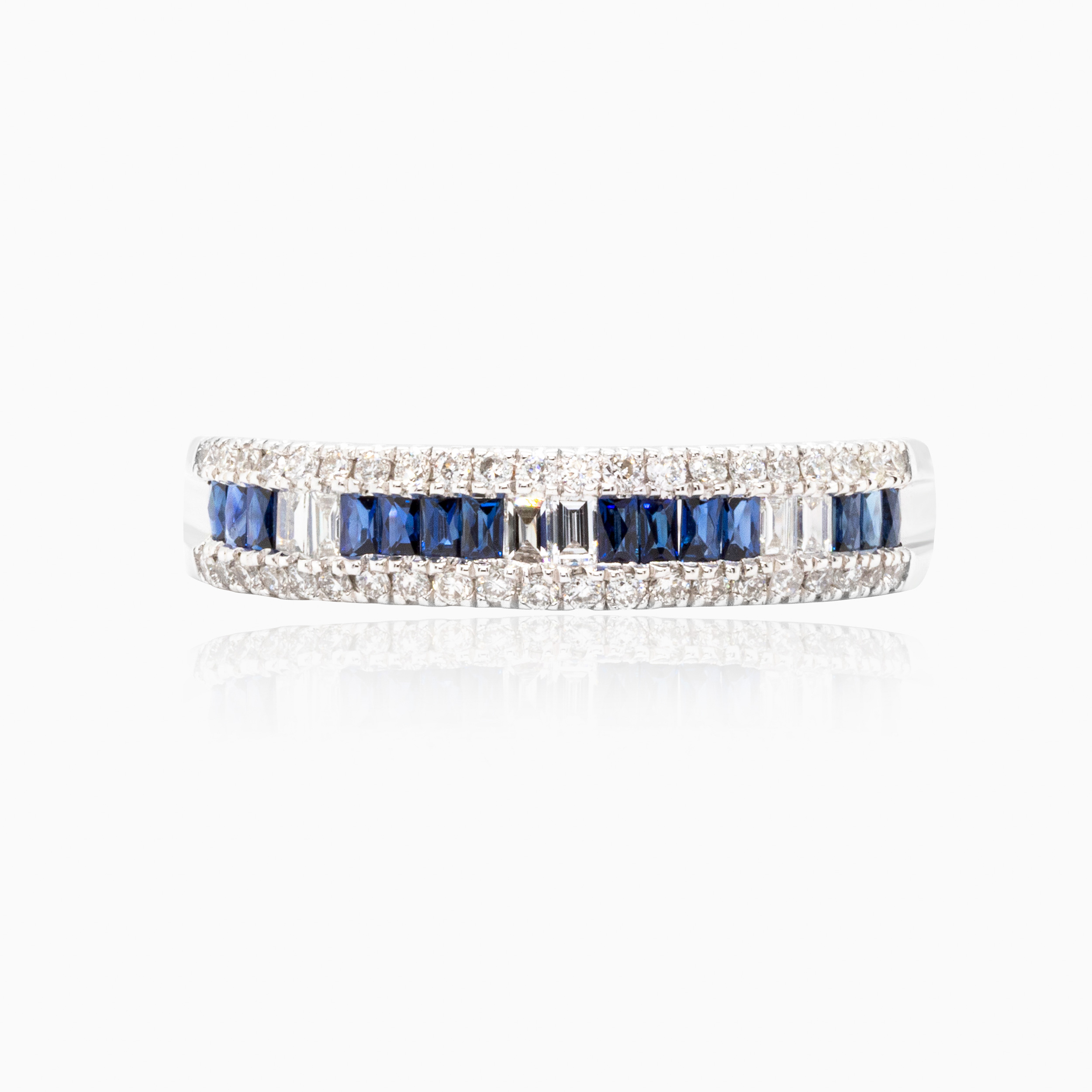 Channel Set Natural Diamond & Blue Sapphire Band, 14k White Gold