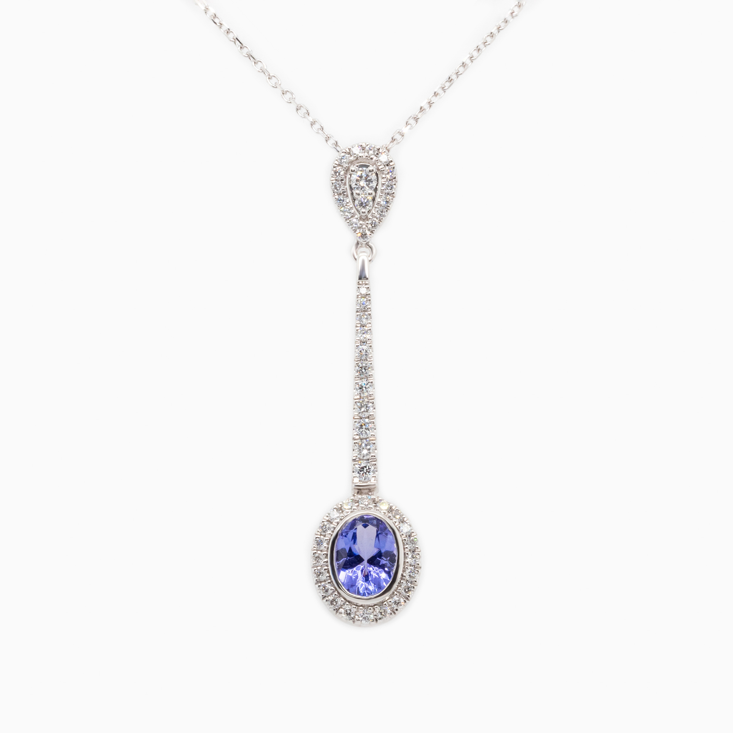 Natural Diamond and Tanzanite Lavaliere Necklace, 14k White Gold